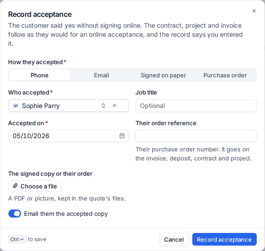 Recording an acceptance taken by phone