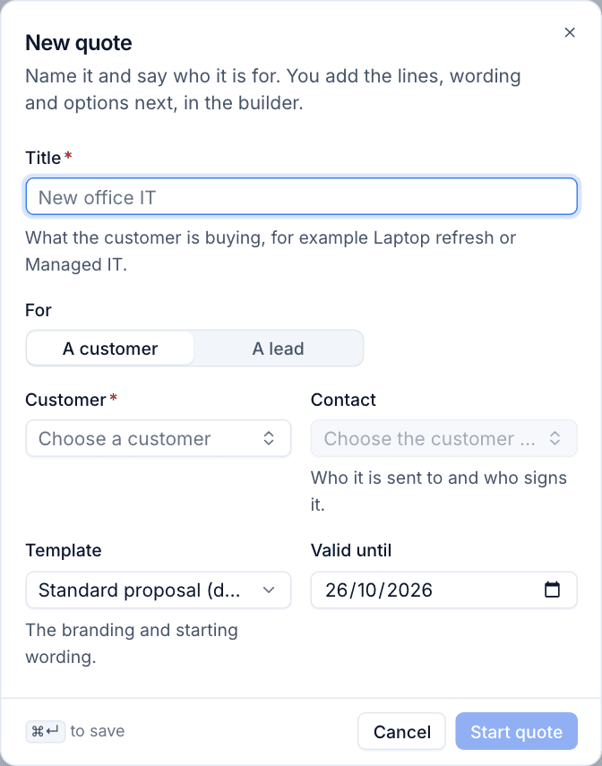 The New quote dialog