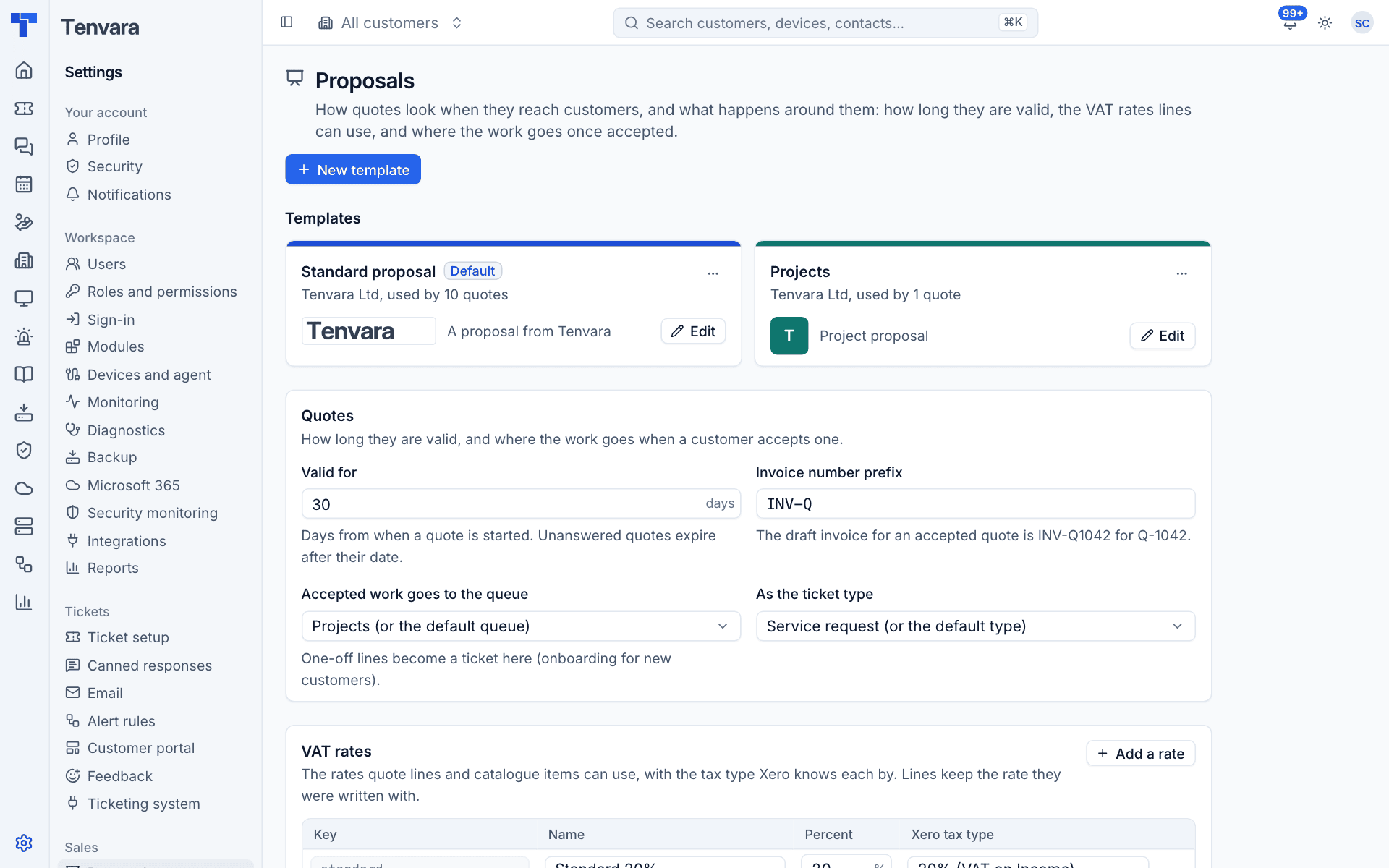 Proposal settings: templates, quote settings and VAT rates