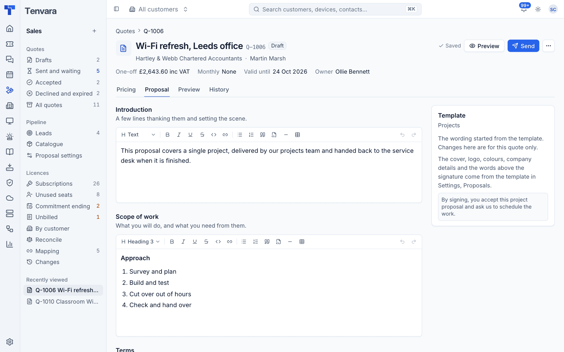 The Proposal tab with the introduction and scope of work
