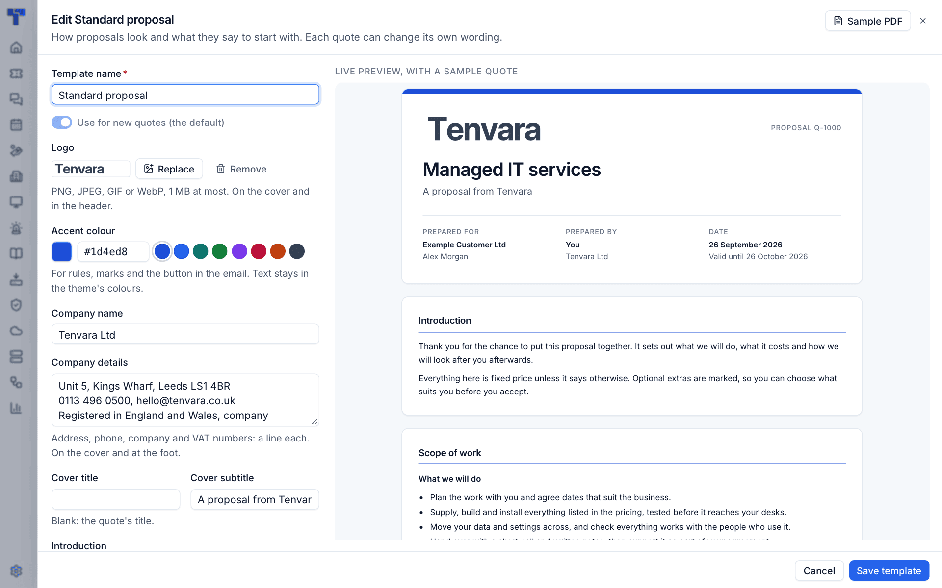 Editing a proposal template with the live preview