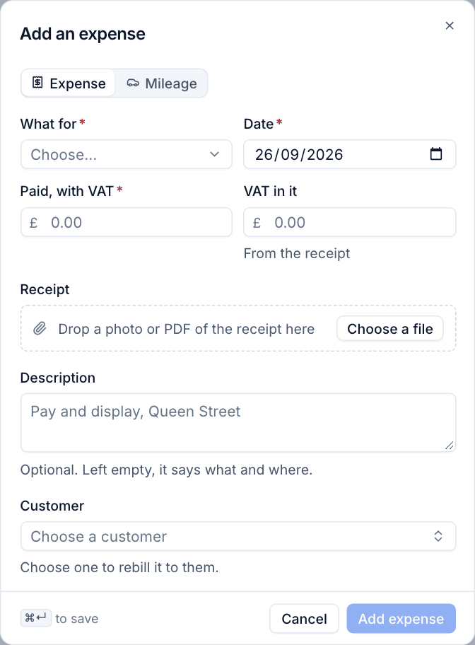 Adding an expense with a receipt