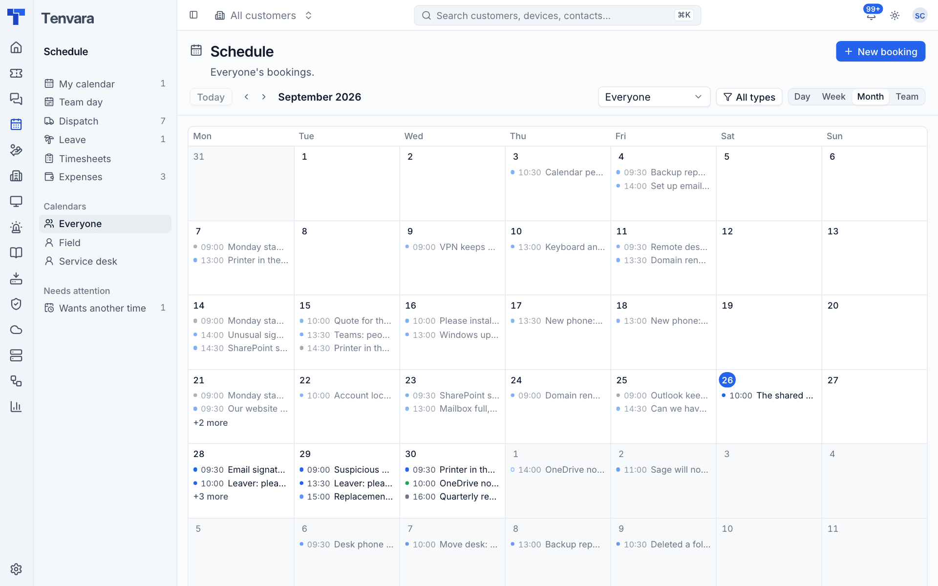The month view across everyone's bookings