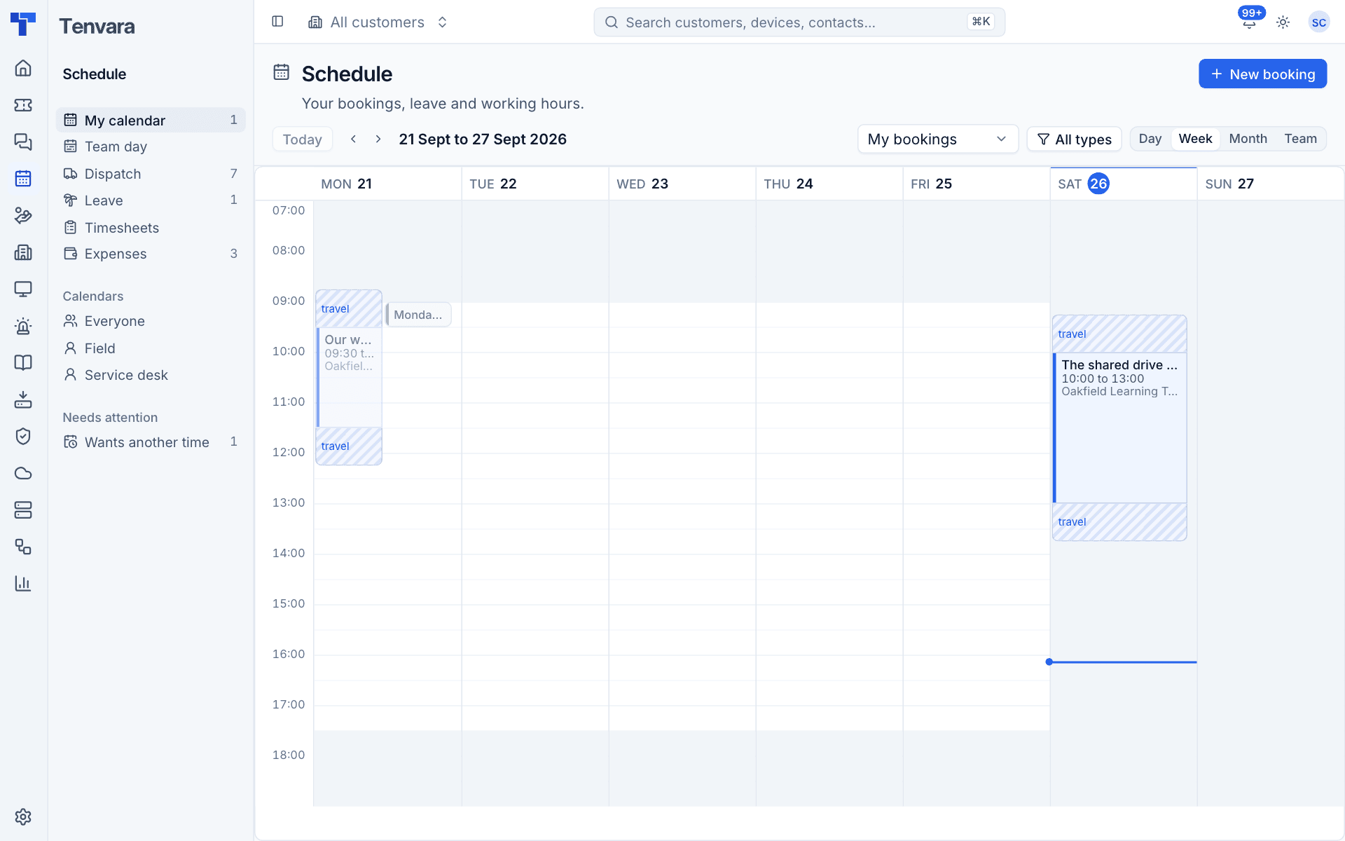 The Schedule in week view, with bookings and travel either side