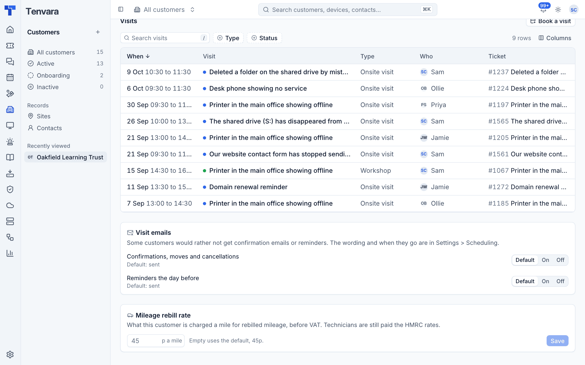 The customer's Visit emails and mileage rebill rate