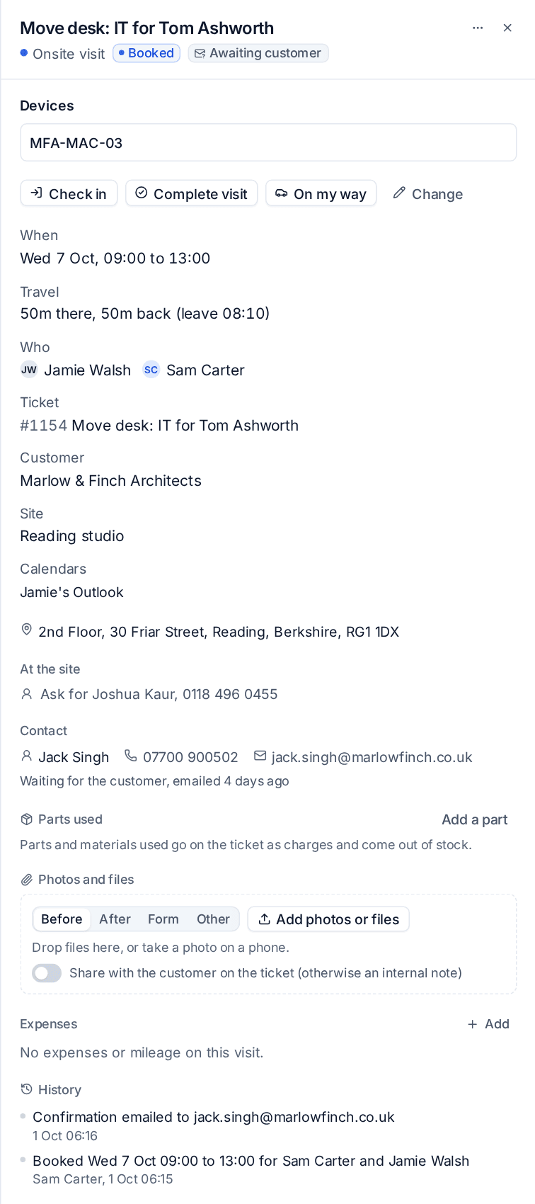 The booking panel with On my way, parts used and photos