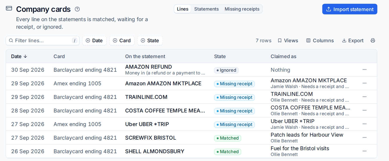 Company card statement lines, matched and waiting for receipts
