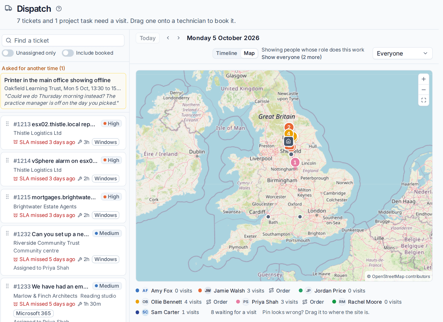 The dispatch map with each technician's visits numbered in order