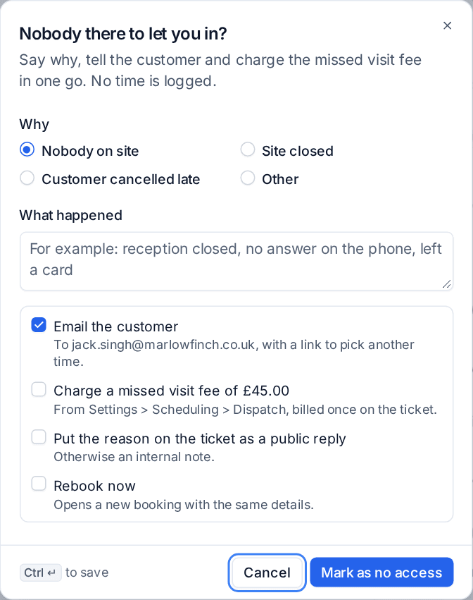 Marking a visit as no access with a missed visit fee