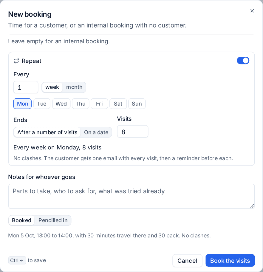 Booking a weekly visit that repeats eight times