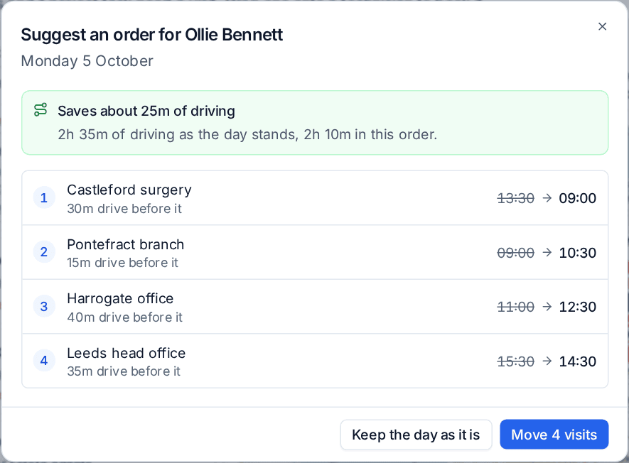 A suggested order saving 25 minutes of driving