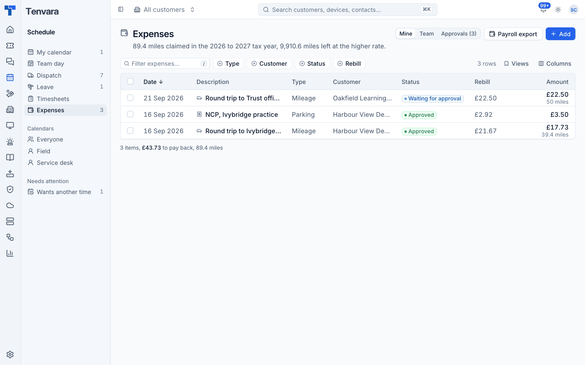 The expenses list with mileage and parking