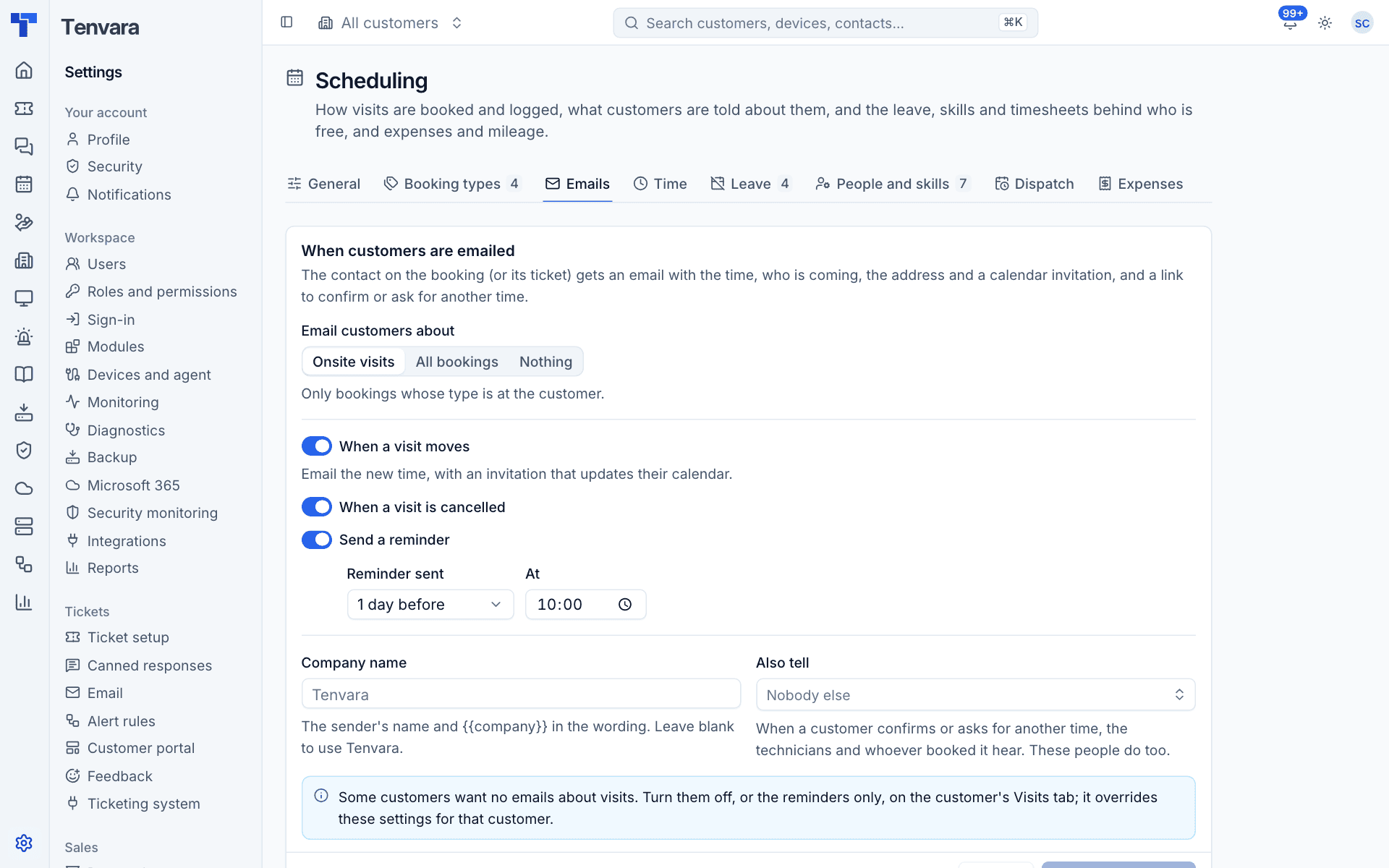 The email settings for visits