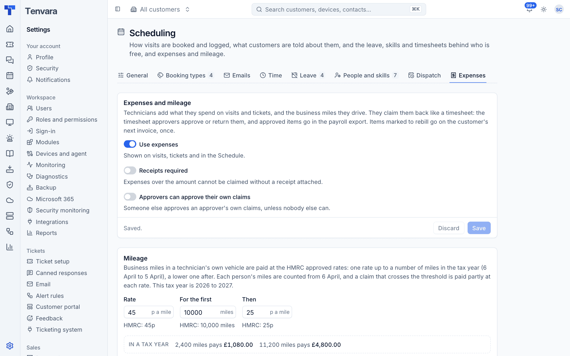 Expense and mileage settings