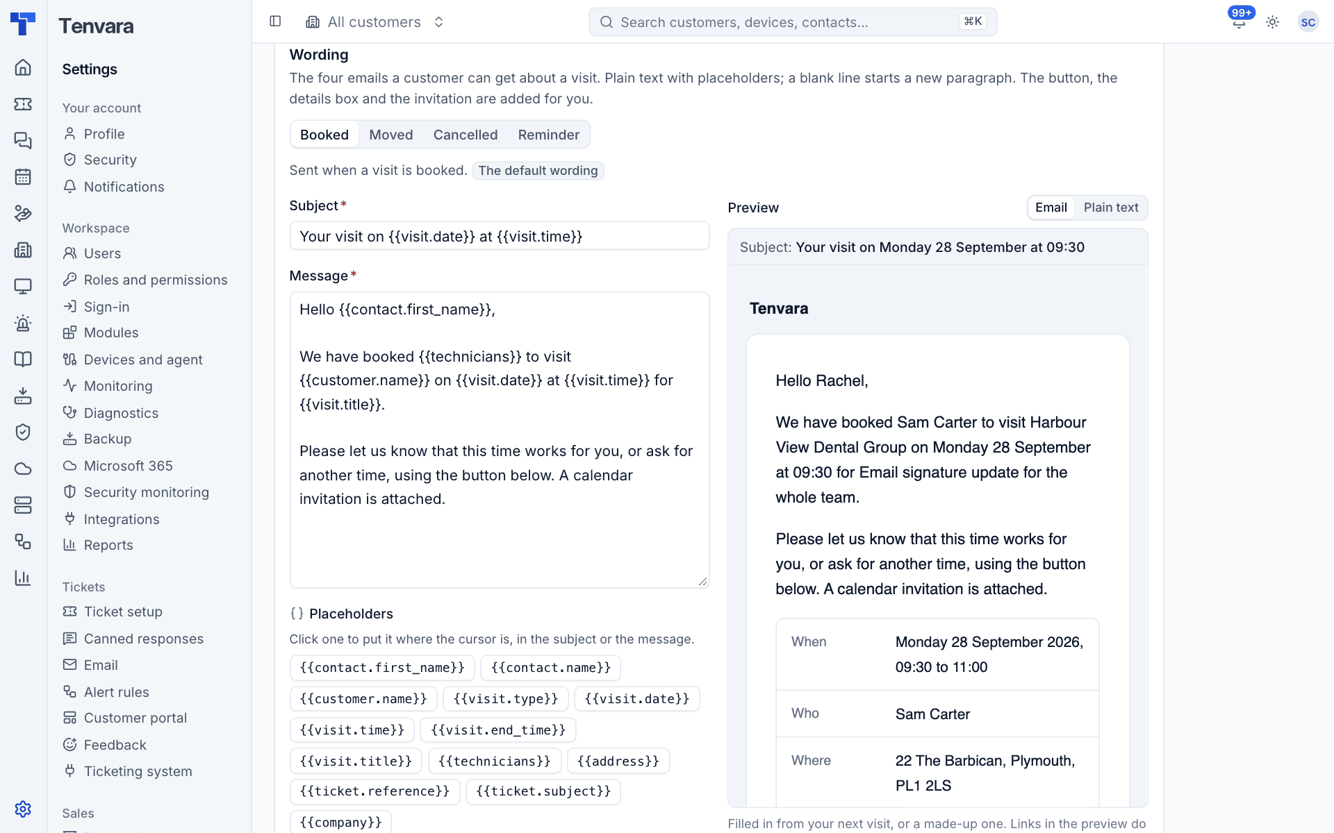Editing the booked email, with placeholders and a live preview
