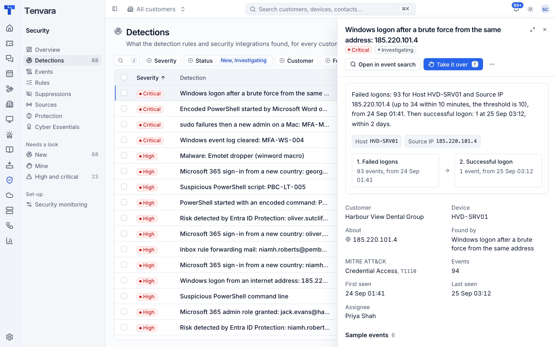 A detection in the side panel, with why it fired, the steps, sample events and its alert and ticket