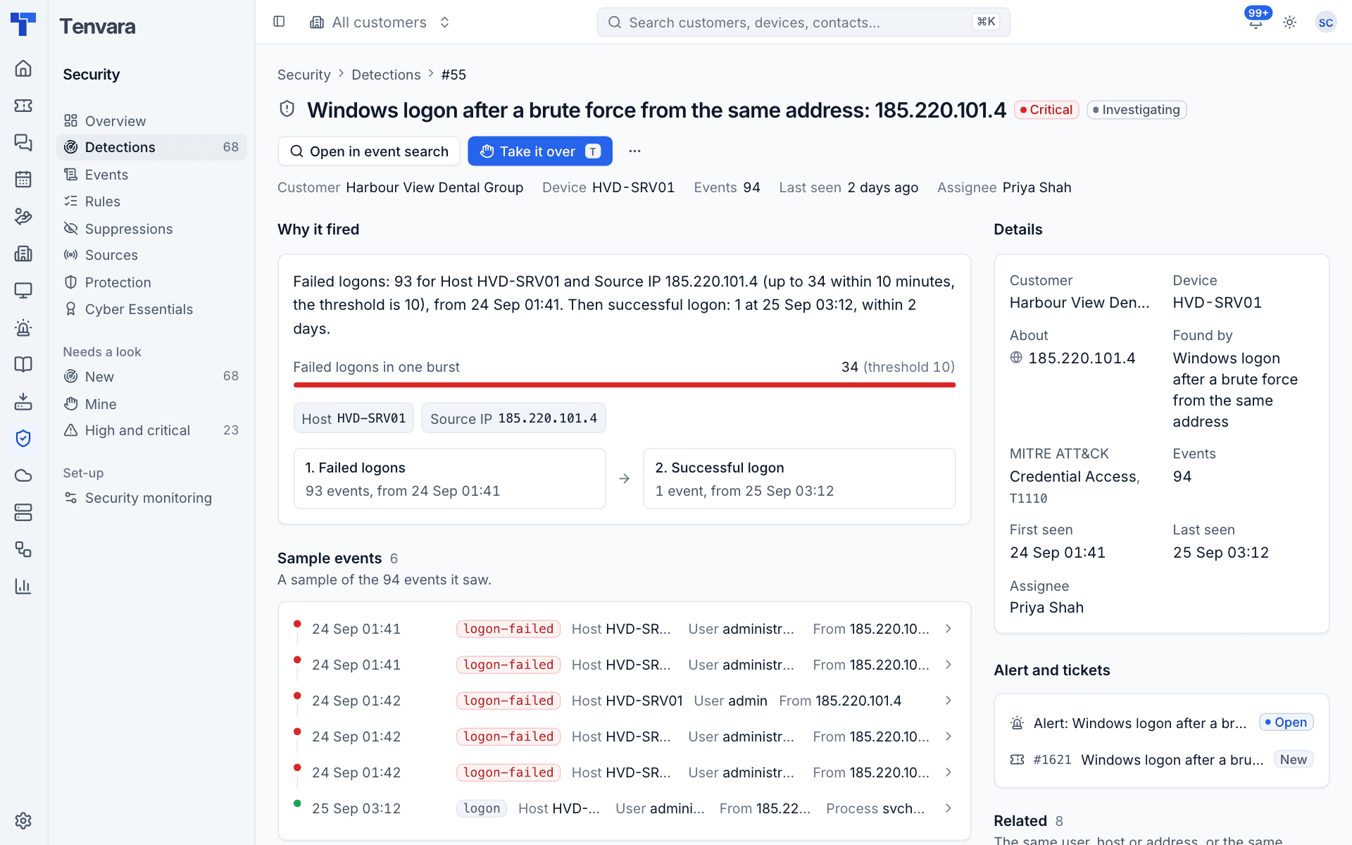 A detection page with why it fired, the sample events and the details
