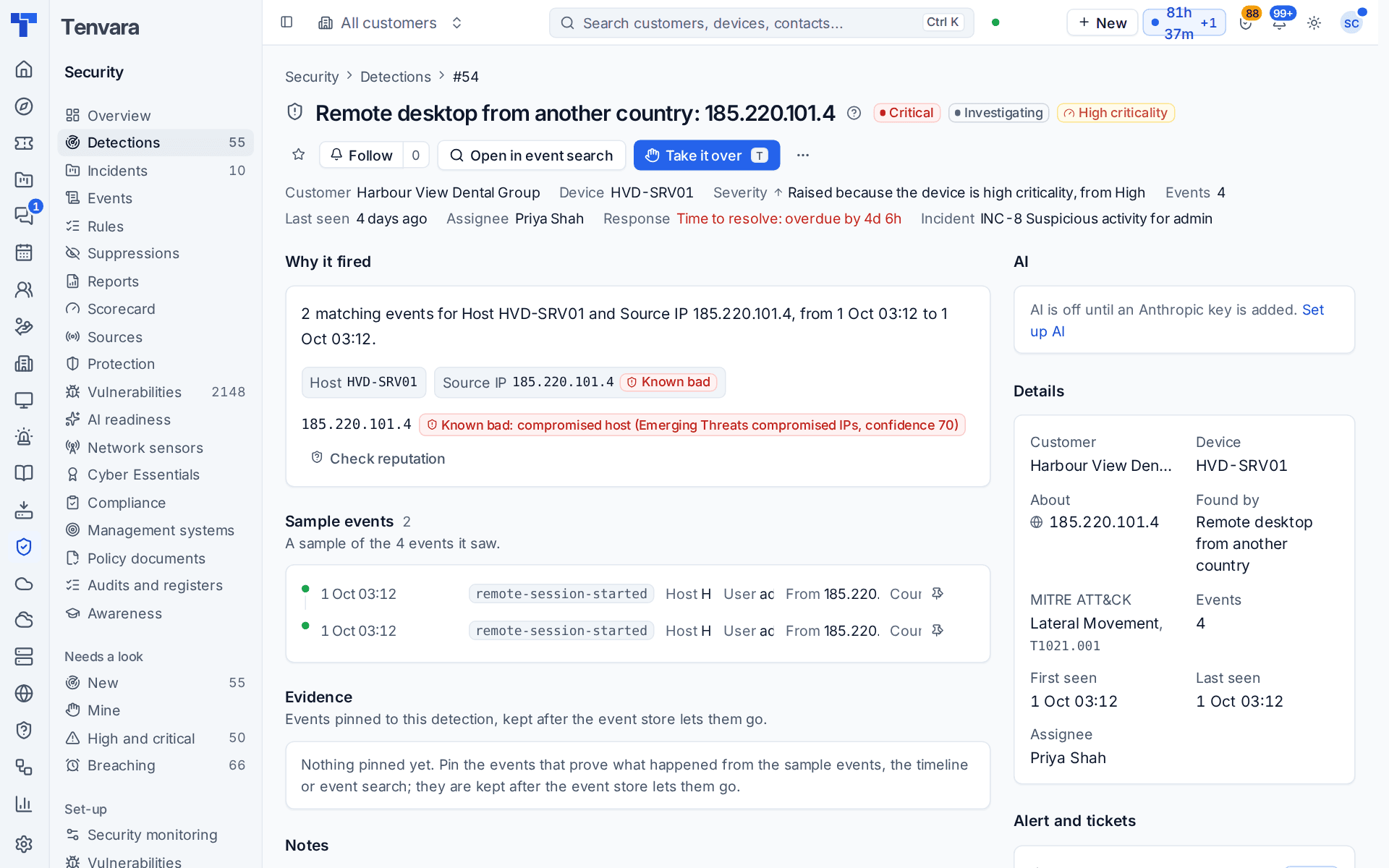 A detection with the source address flagged as known bad by Emerging Threats