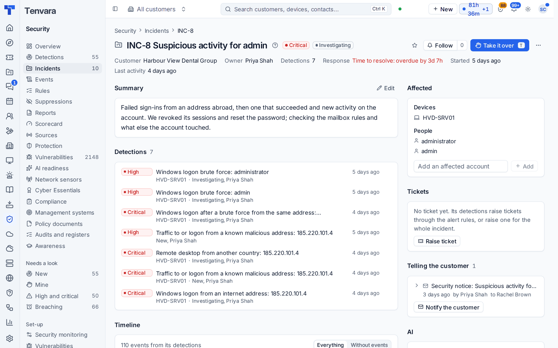 An incident with its summary, seven detections, the affected device and people, tickets and telling the customer