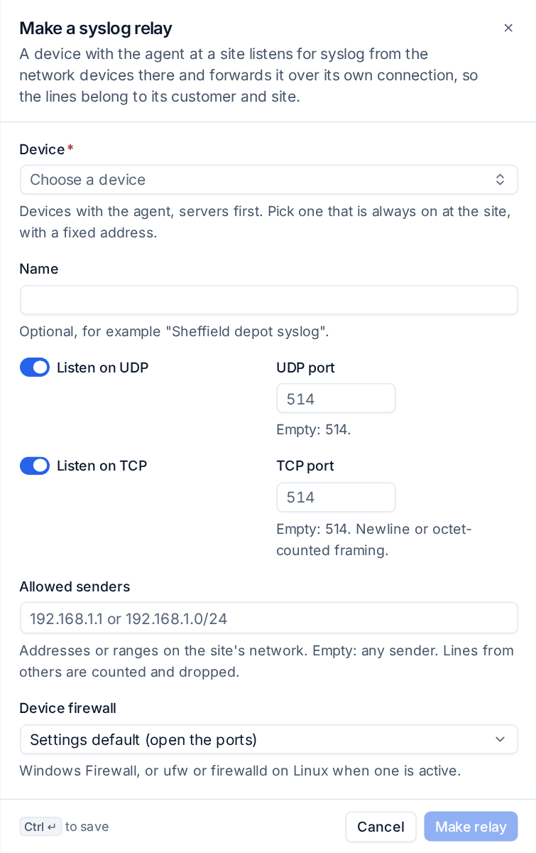 Making a syslog relay: the device, UDP and TCP ports, allowed senders and the device firewall