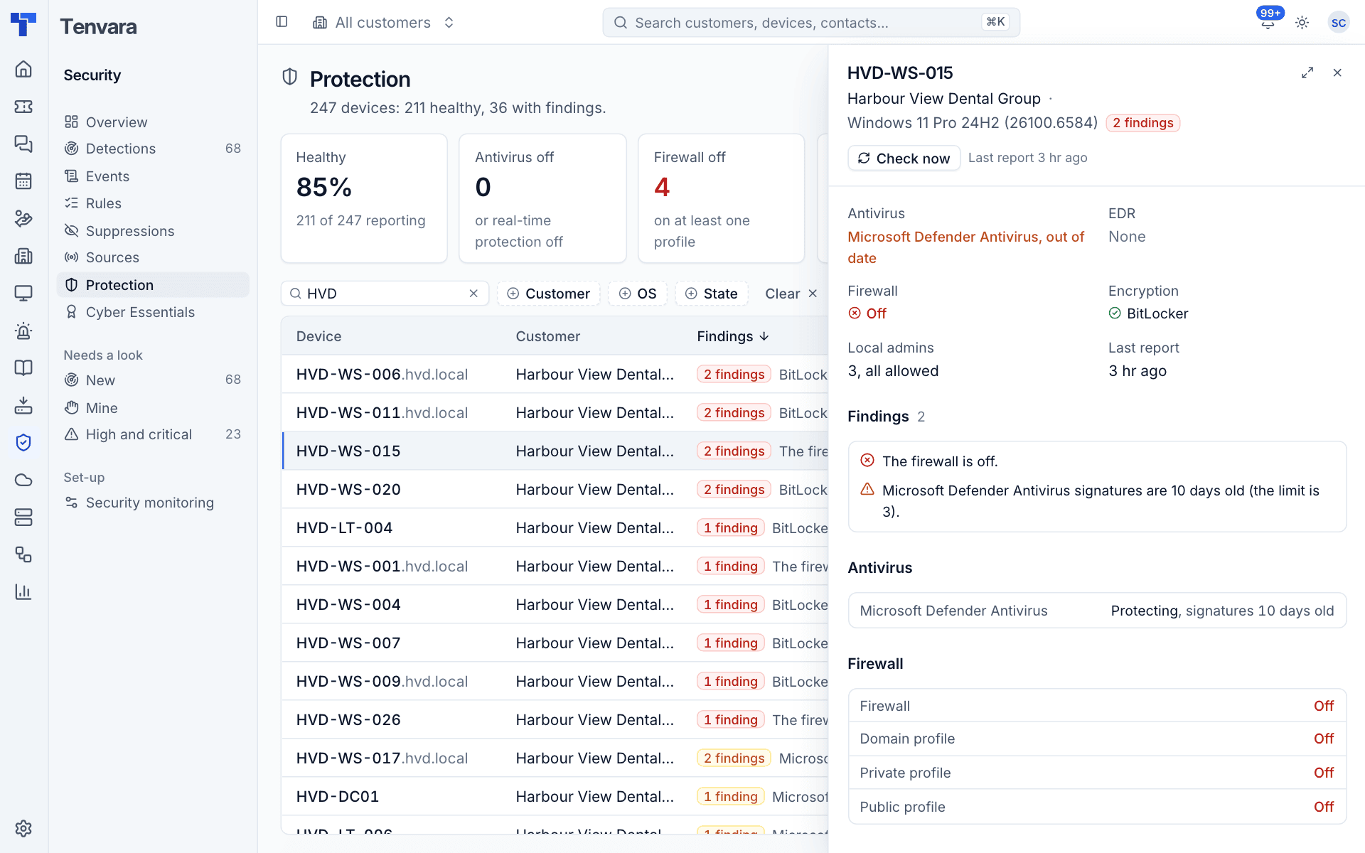 One device's protection with its findings, antivirus and firewall profiles