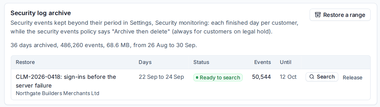 The security log archive with one restored range ready to search