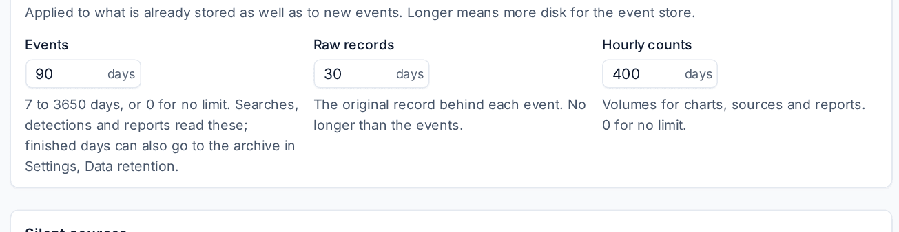 How long security events, raw records and hourly counts are kept