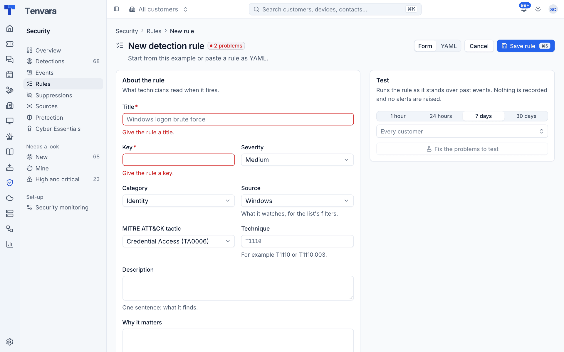 The new rule form with the rule's details, conditions and what makes a detection