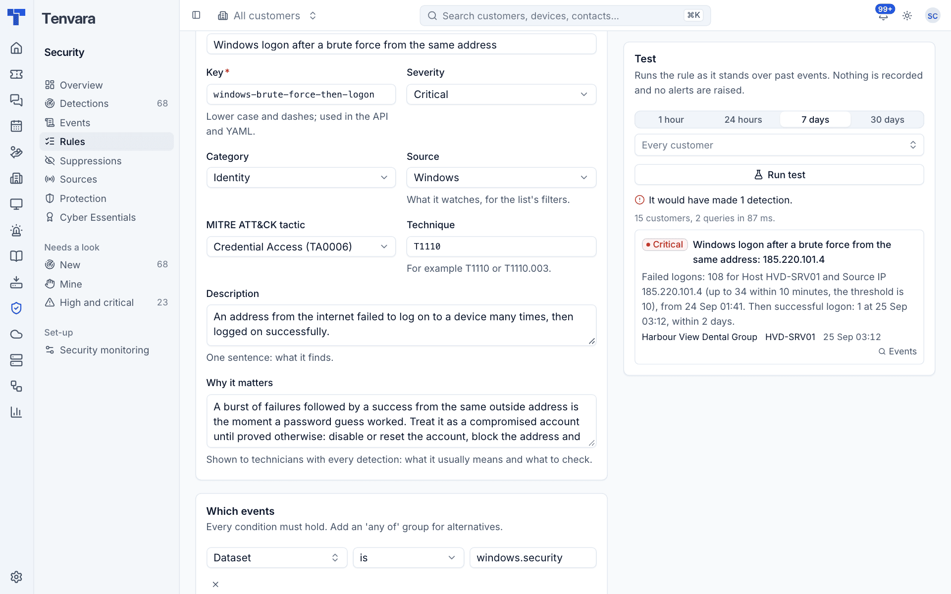 Testing a rule over past events, showing the detection it would have made