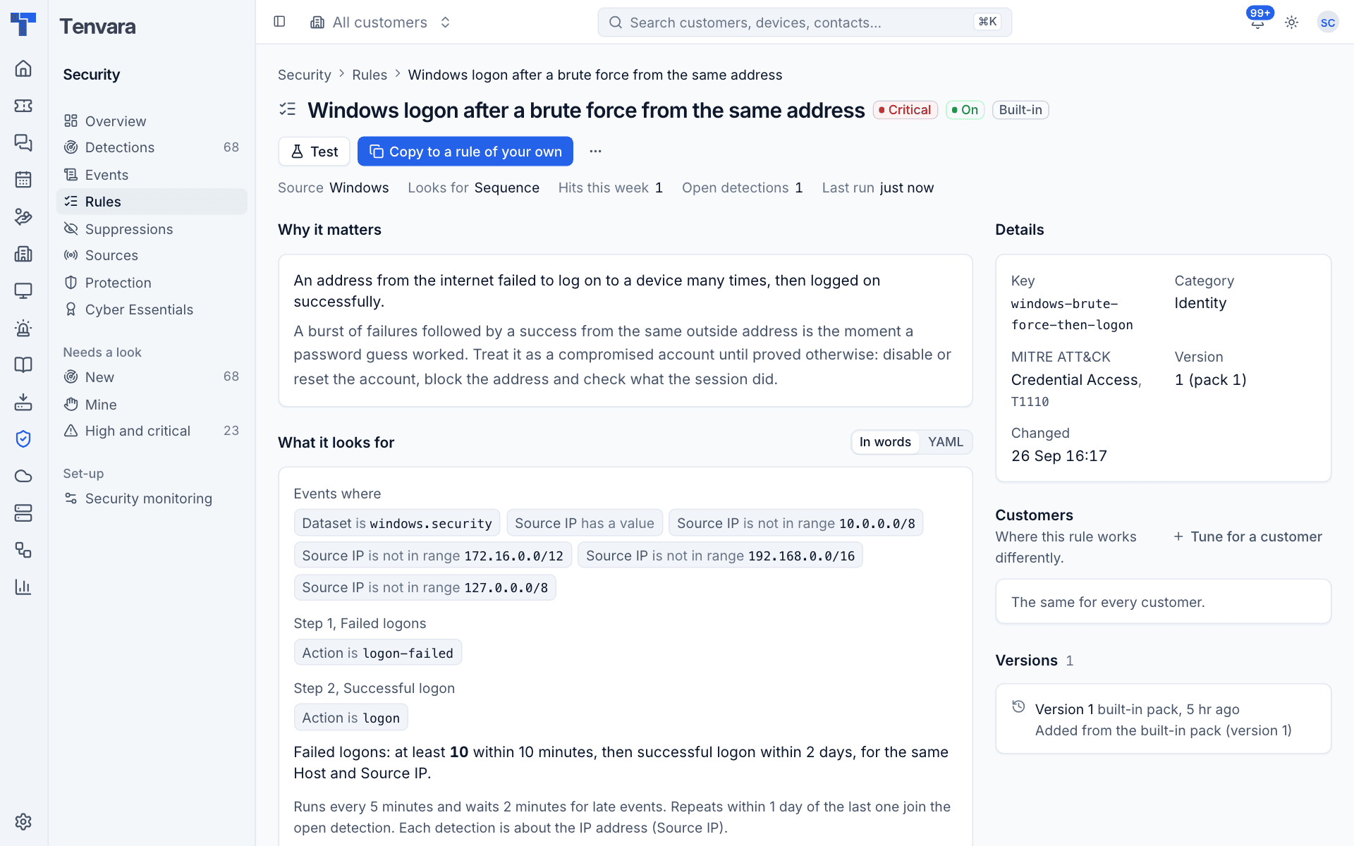 A rule's page with why it matters, what it looks for in words, recent detections and runs