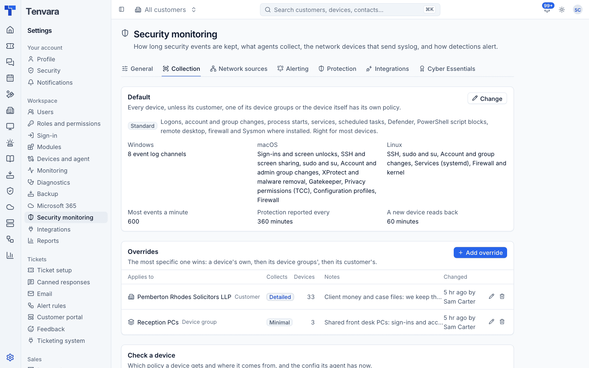 Collection settings with the default policy, overrides per customer and device group, and Check a device