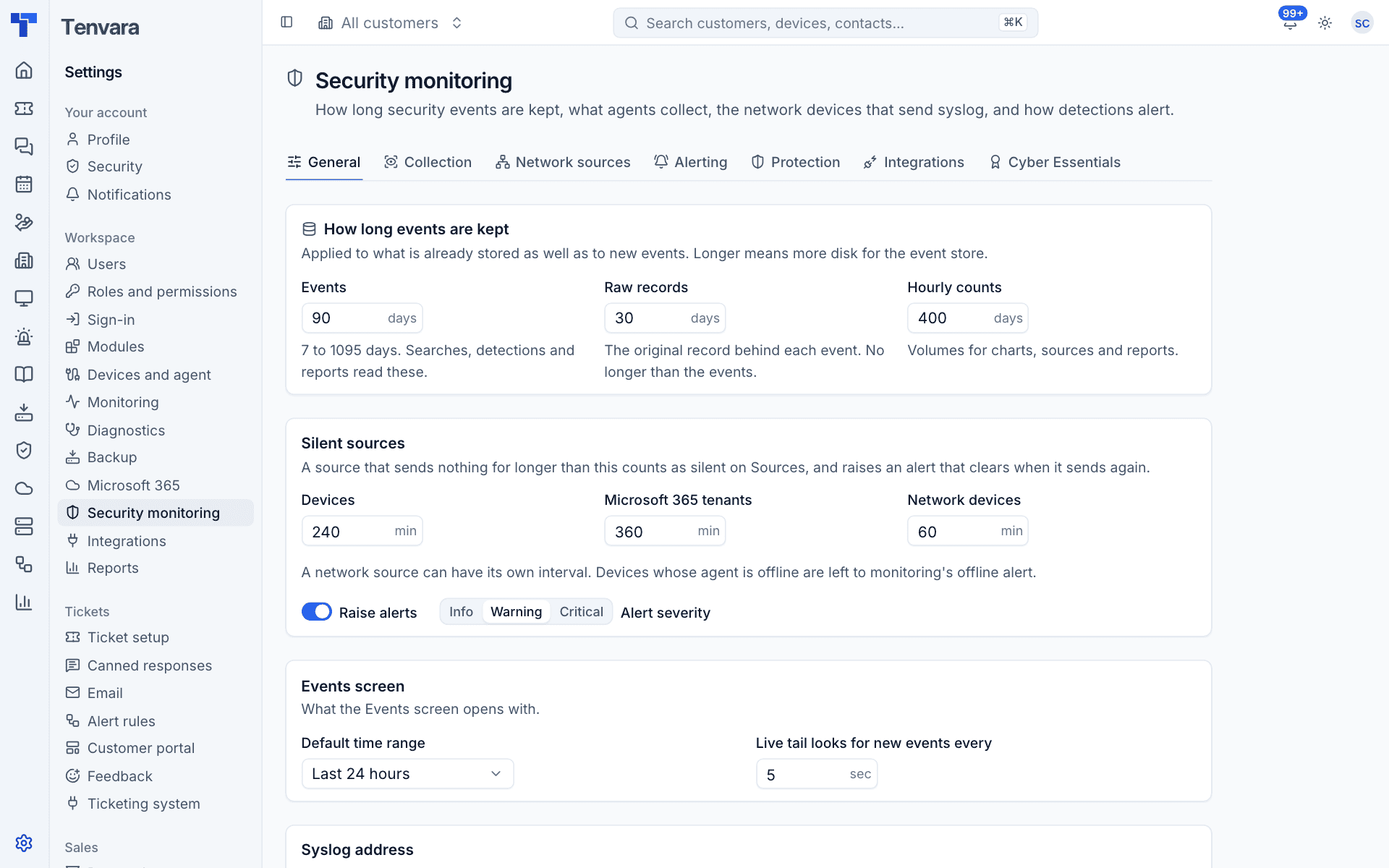 General security monitoring settings with retention, silent sources, the Events screen and the syslog address