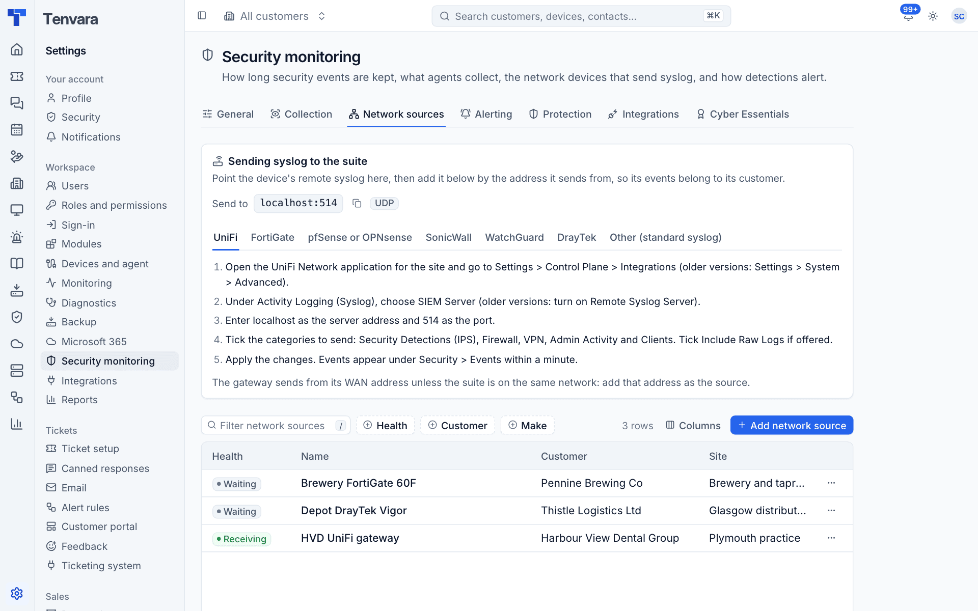 Network sources settings with where to send syslog and step-by-step instructions per make