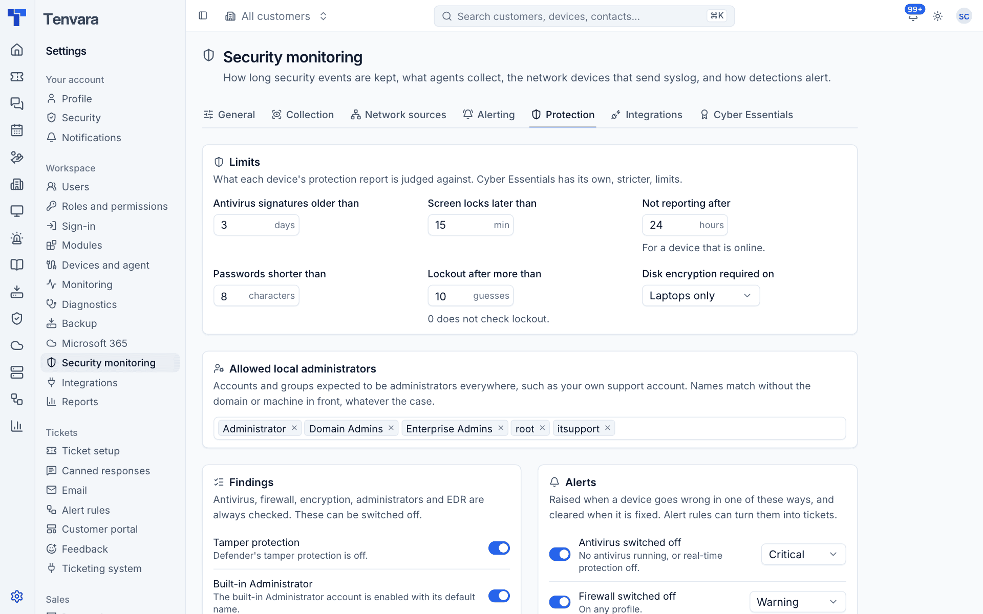 Protection settings with limits, allowed local administrators, findings and alerts