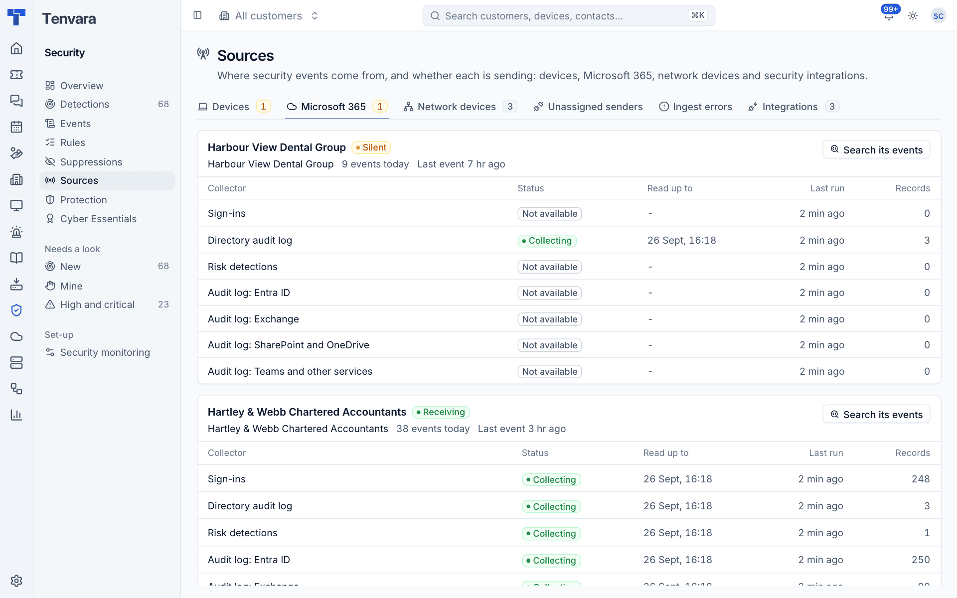 The Microsoft 365 sources with each tenant's streams and how far each has read