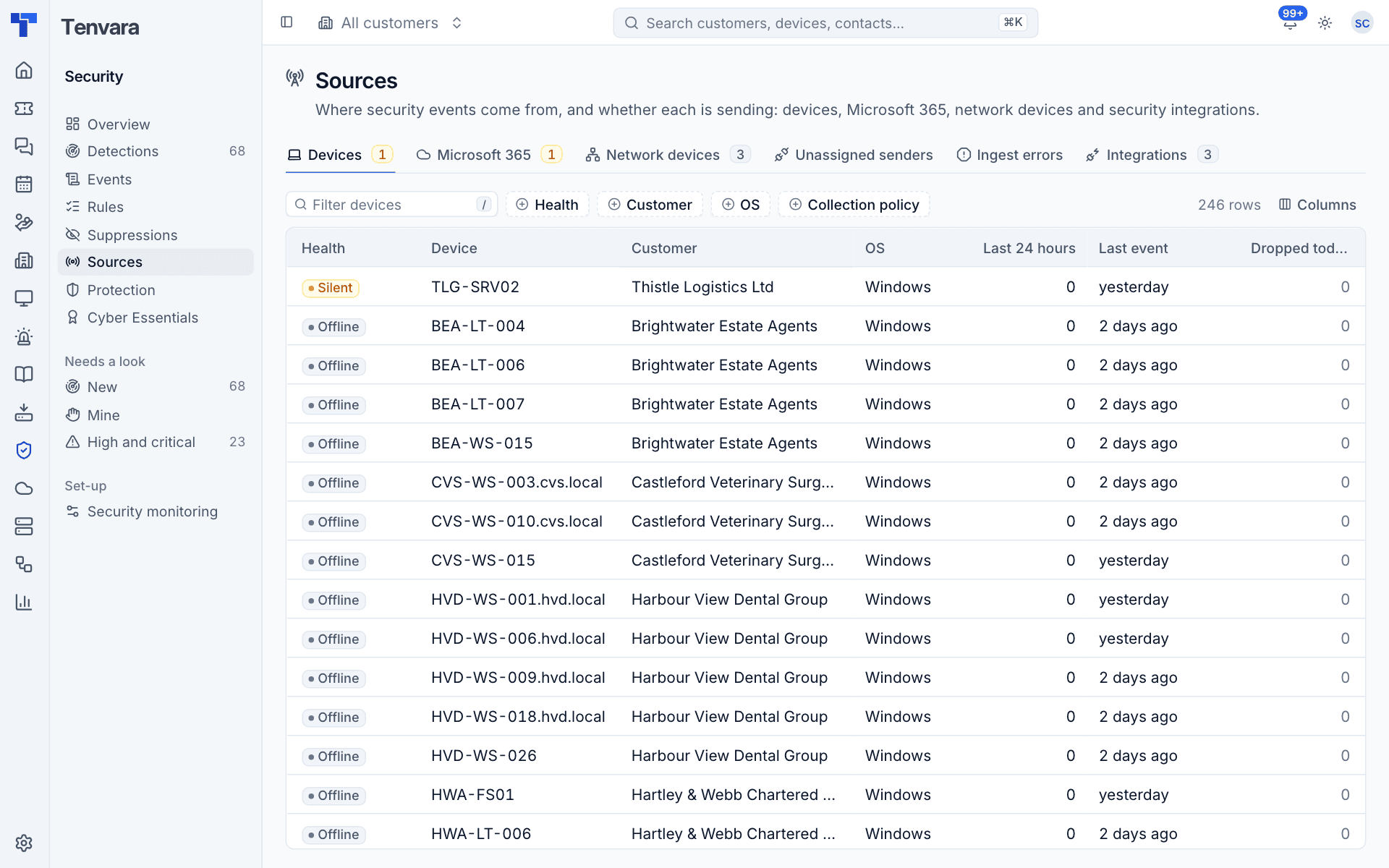 Sources, the devices tab, with each agent's health, events and collection policy