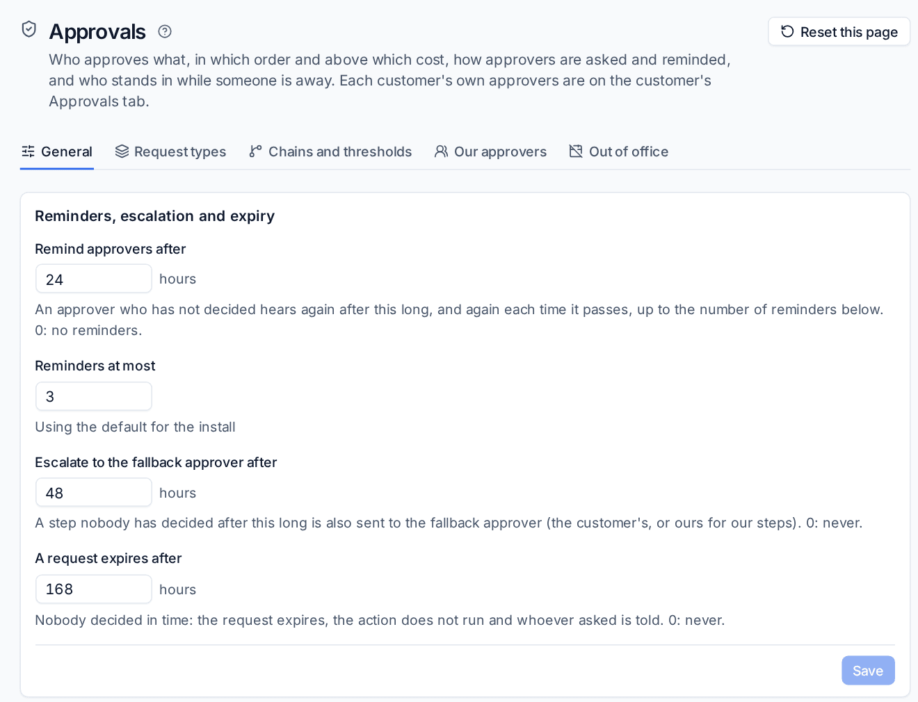 Settings > Approvals, General: reminders, escalation and expiry