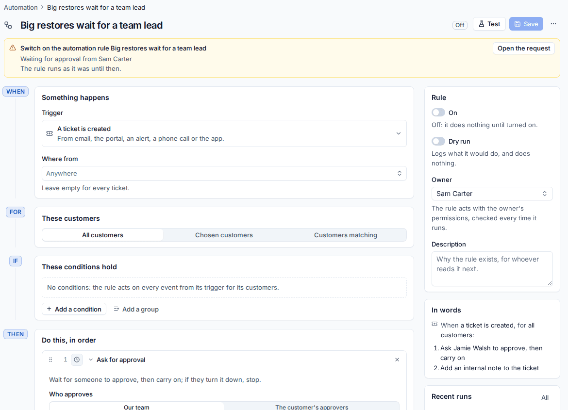 An automation rule with an Ask for approval step and the change to the rule itself waiting for approval