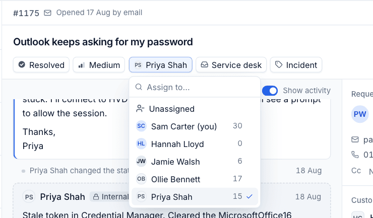 The assignee picker with each technician's open ticket count
