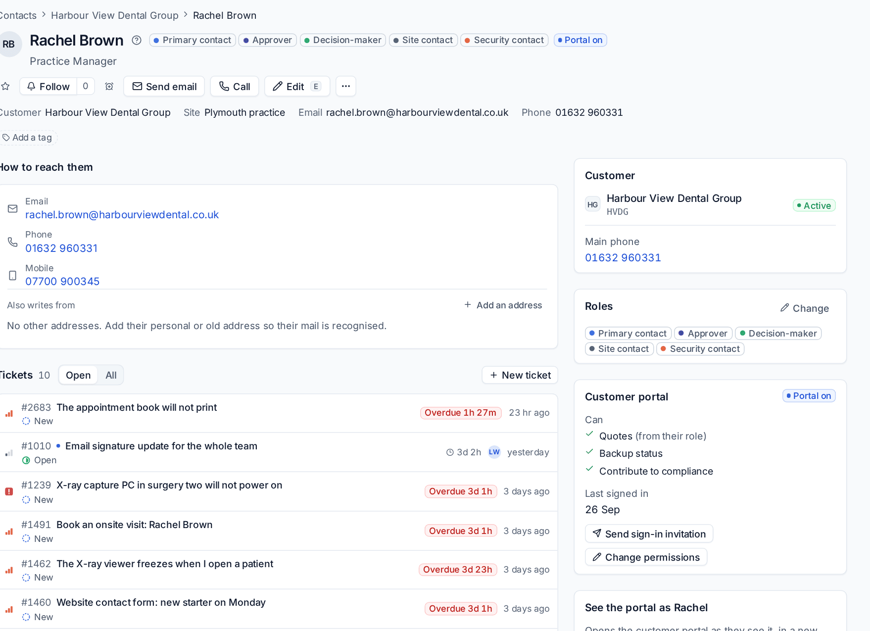 A contact page with role badges, ways to reach them, their tickets and their devices