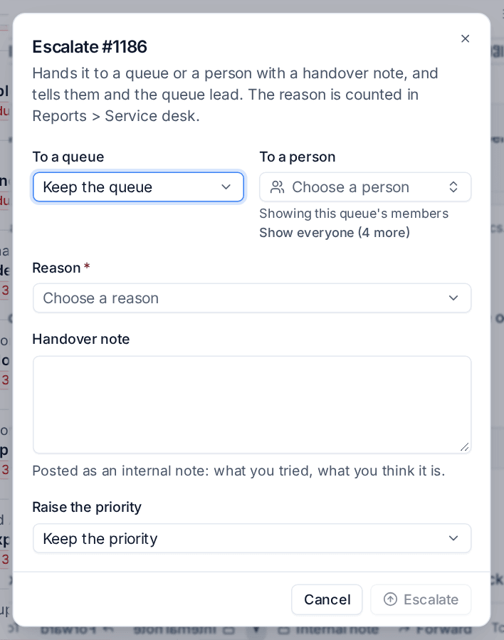 Escalating a ticket with a reason and a handover note