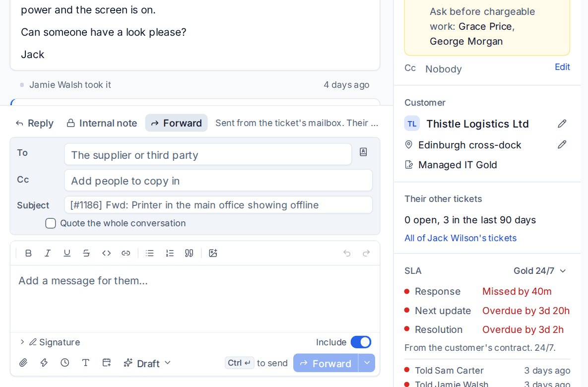 Forwarding a ticket: the supplier, subject, quoted conversation and files