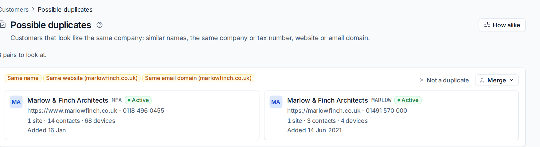 Possible duplicates: two customers with the same name, website and email domain, side by side