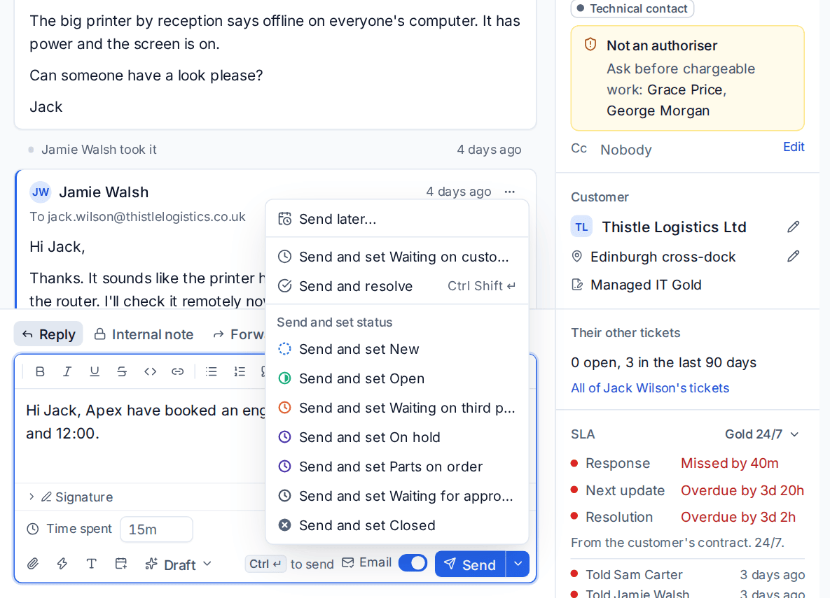 The send menu: Send later, send and set a status, send and resolve