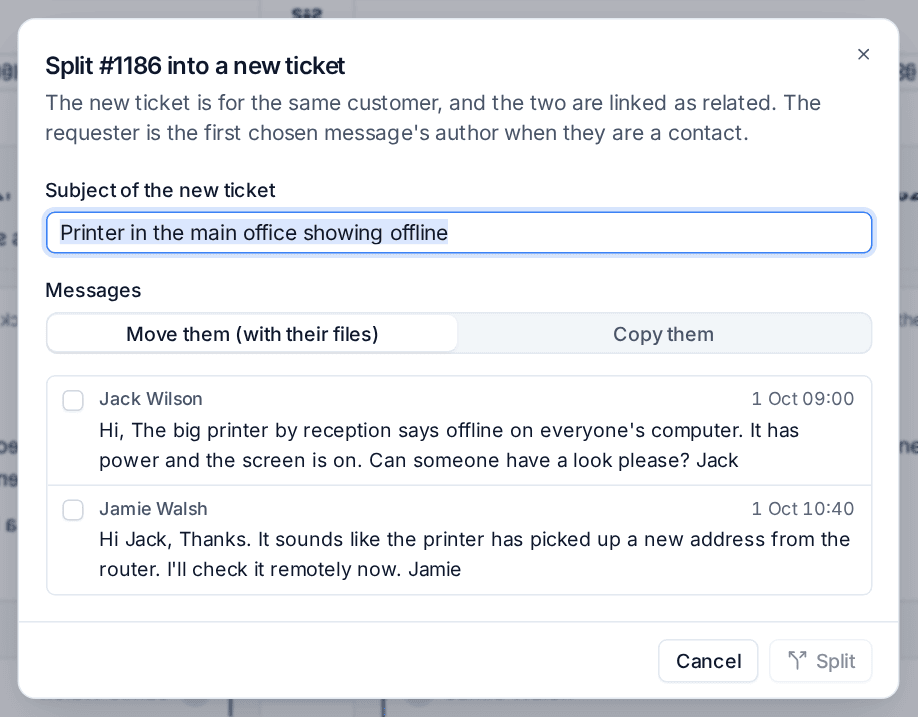 Splitting messages into a new ticket