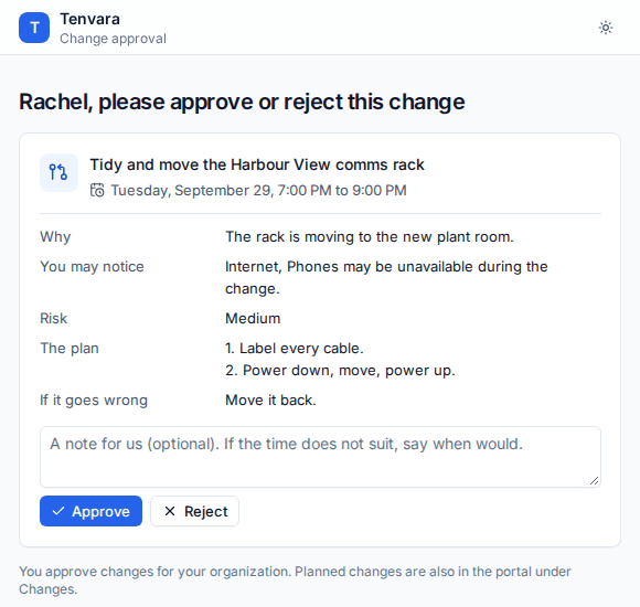 The change approval page a customer sees from the email