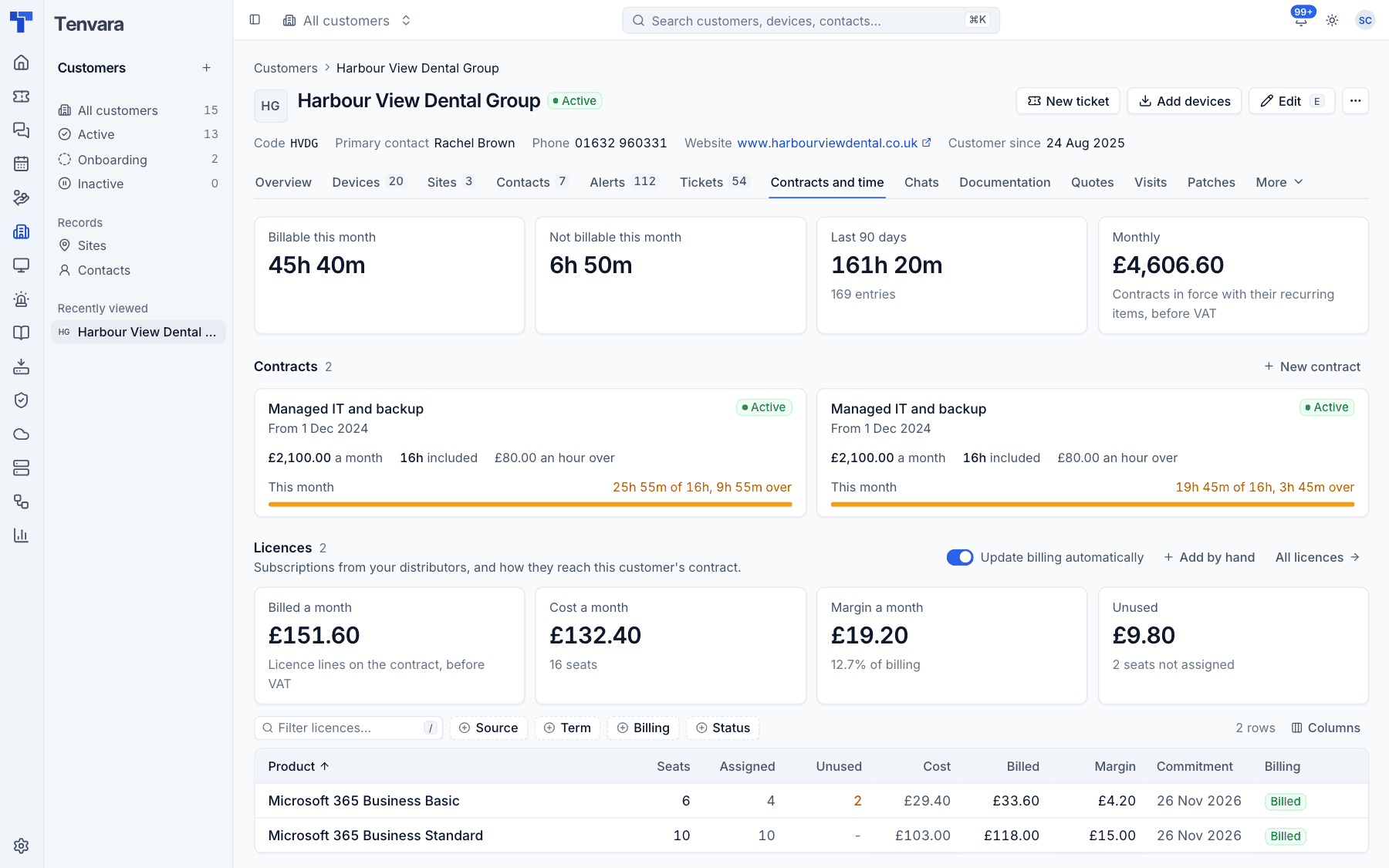 A customer's Contracts and time tab