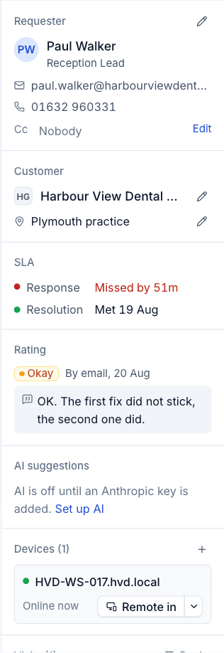 The details panel: requester, customer, SLA, rating and devices