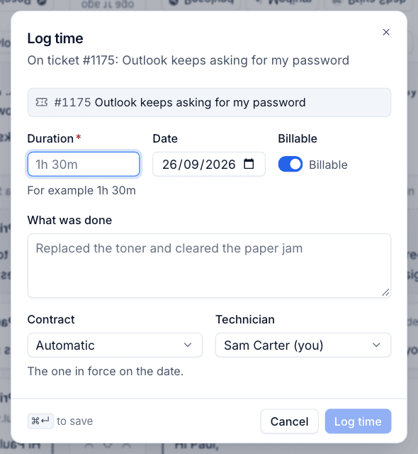 Logging time on a ticket
