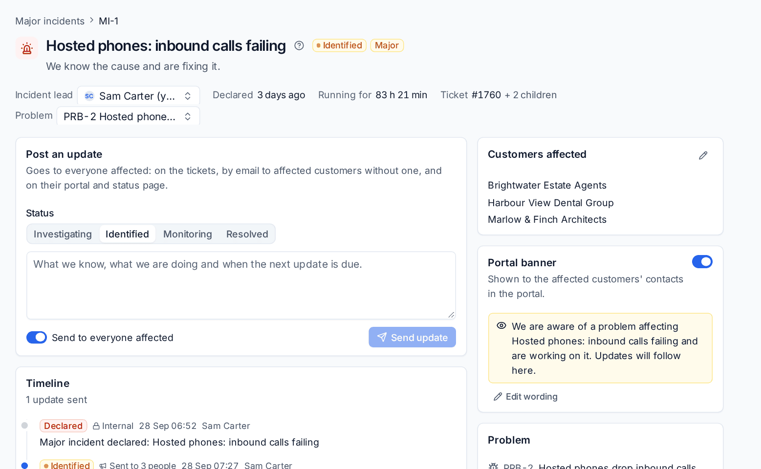 A major incident with its update box, timeline, affected customers and portal banner